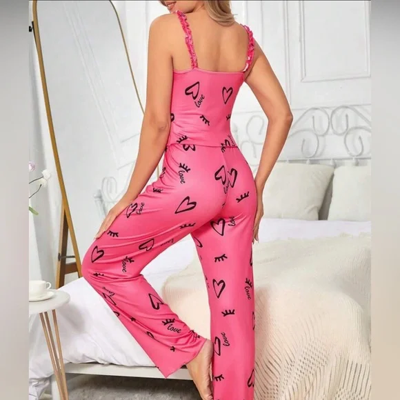 Pink Heart Pattern Tank Top and Long Pants Pajama Lounge Set - Picture 3 of 6